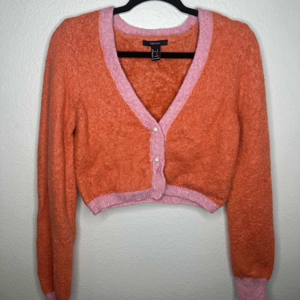 FOREVER21 Fuzzy Cropped Sweater with pearl buttons